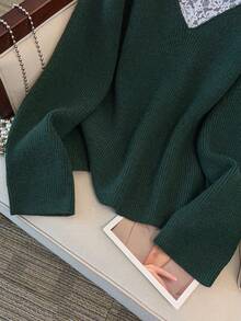 EMERY ROSE New Elegant Lace Trim V-Neck Soft & Versatile Plus Size Knit Pullover Top For Women - Dark Green - View 8