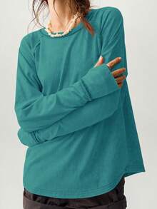 Bohemela 女士休闲纯色针织圆领长袖宽松 T 恤 - 水鴨藍 - 查看 7