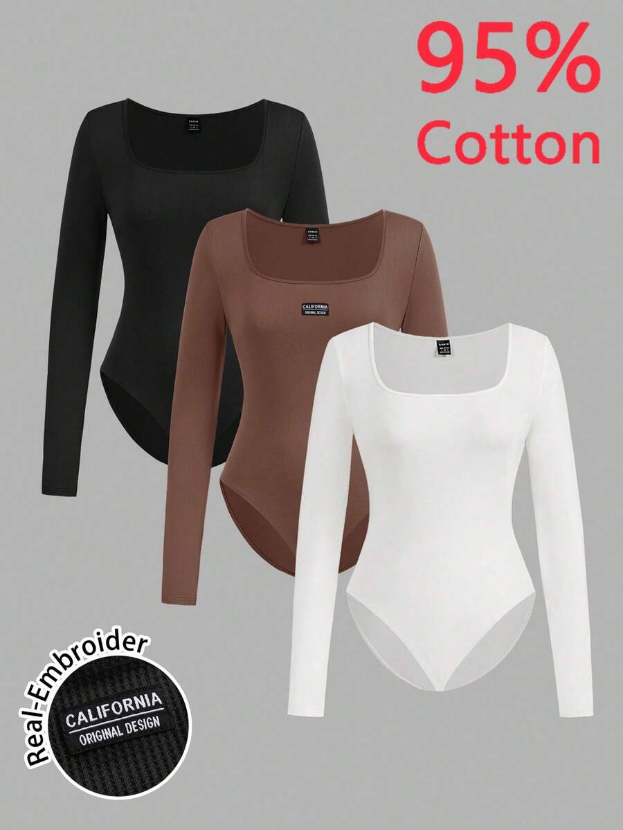 SHEIN EZwear 3 件套女士休闲紧身衣套装，方领，紧身，长袖，适合秋冬季，95% 纯棉 - 彩色 - 查看 1