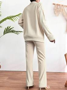 EURMUSE Solid Plisse Two-Piece Outfit - Beige - View 2