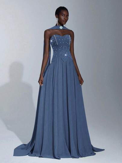 Elitara 优雅奢华手工水钻装饰露肩飘逸拼接弹性针织雪纺长裙，适合婚礼、活动、单身派对、度假、庆典、正式场合