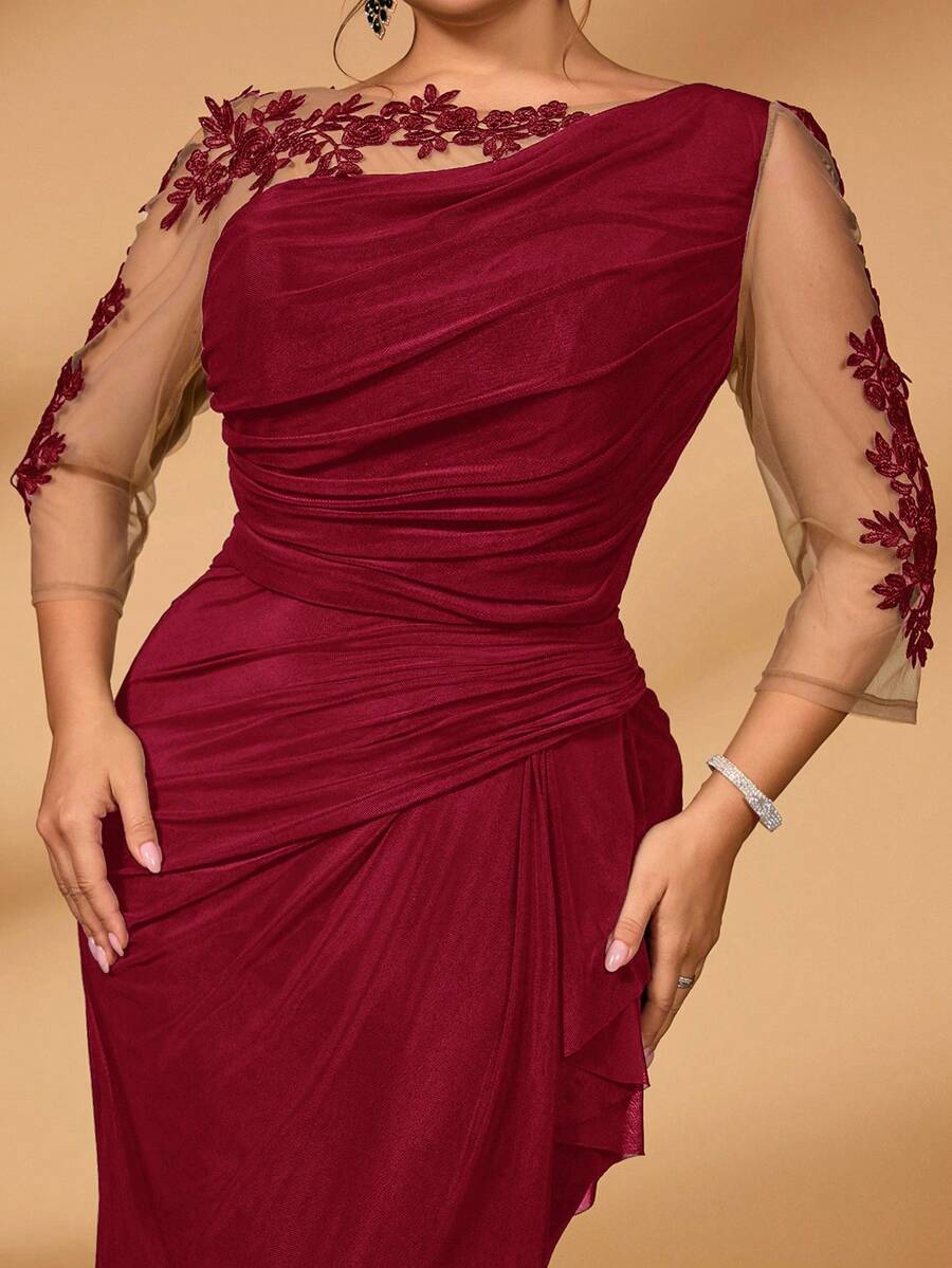 Serin Đầm dạ hội dáng đuôi cá sang trọng, thanh lịch, cỡ lớn, chất liệu ren thêu, xuyên thấu, tay dài, co giãn, lưới dệt kim, xếp ly, thích hợp cho đám cưới, tiệc tùng, kỳ nghỉ, dạ hội, váy dành cho mẹ cô dâu, ngày Valentine. - Màu Đỏ Sâu - Xem 1