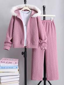 2件套少女泰迪羊毛连帽拉链夹克和宽松长裤套装 - 紫色 - 查看 1