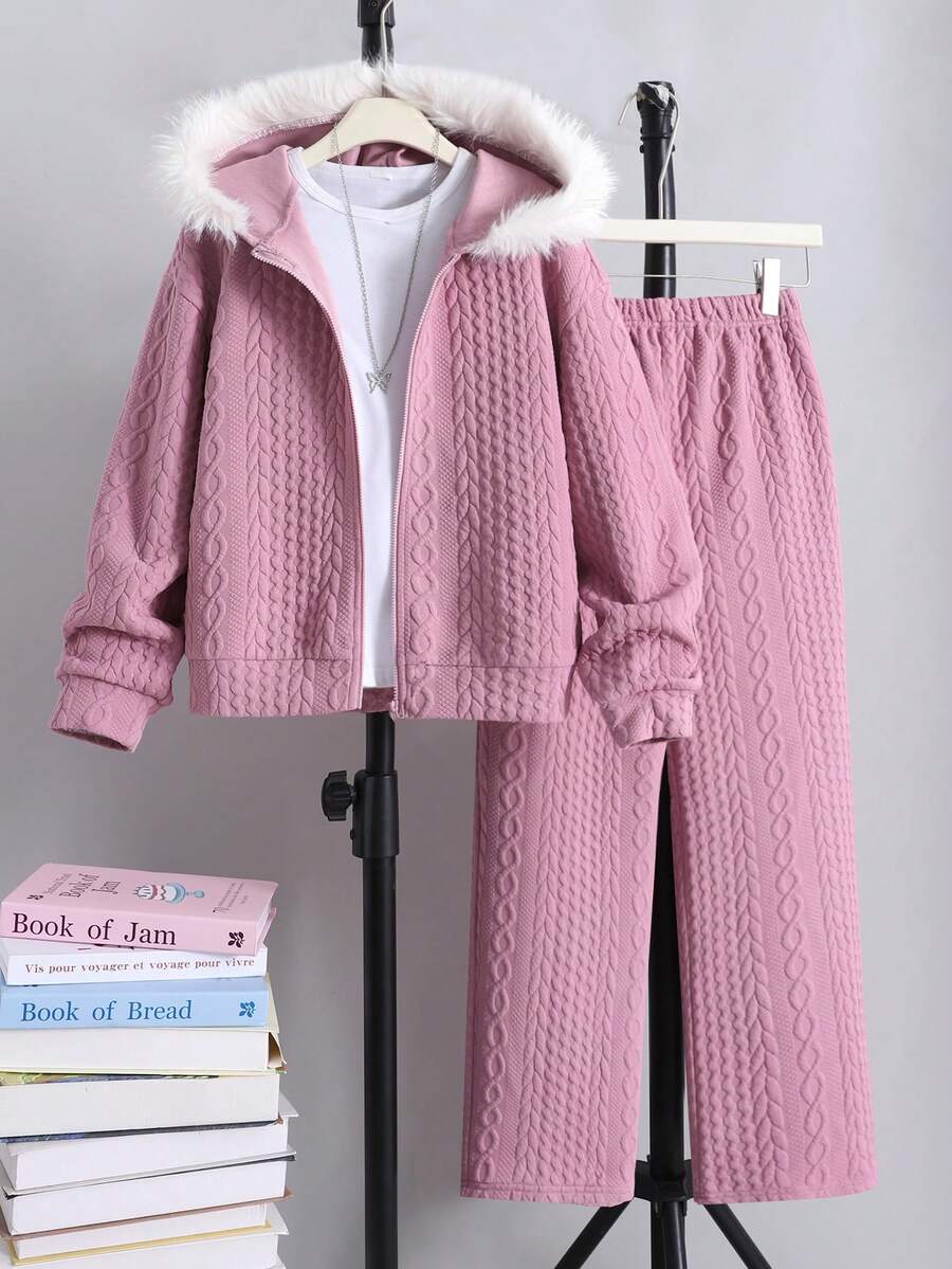 2件套少女泰迪羊毛连帽拉链夹克和宽松长裤套装 - 紫色 - 查看 1