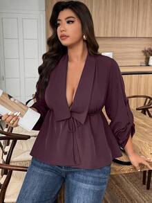 SHEIN LUNE Blusa elegante de manga larga con volantes y nudo en el bajo, de unicolor, talla grande - Granate - Ver 6
