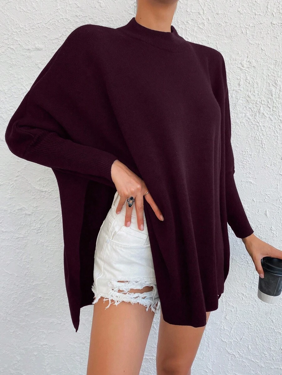 EURMUSE Women's Simple Casual Solid Color Batwing Sleeve Split Hem Sweater, Autumn/Winter - Burgundy - View 1