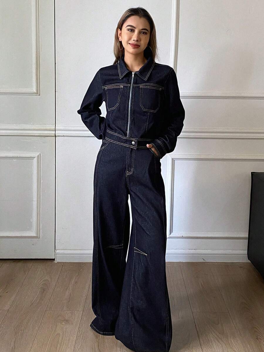 Livesso Women's Casual Collared Top And Loose Fit Jeans Set, Autumn - Blue - View 1