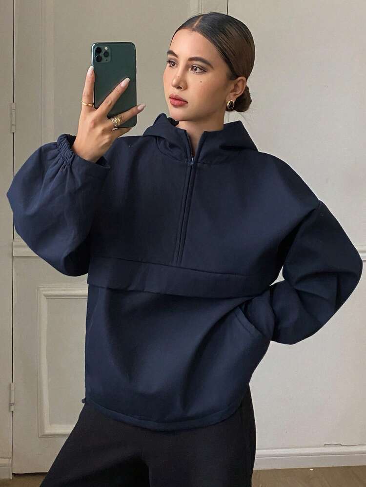 DAZY 女士纯色宽松长袖连帽保暖加厚休闲户外卫衣，秋冬季保暖连帽衫 - 藍色 - 查看 7