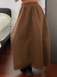 DAZY 女士纯色弹力腰加厚A字裙，休闲秋冬款 - 棕色 - 查看 7