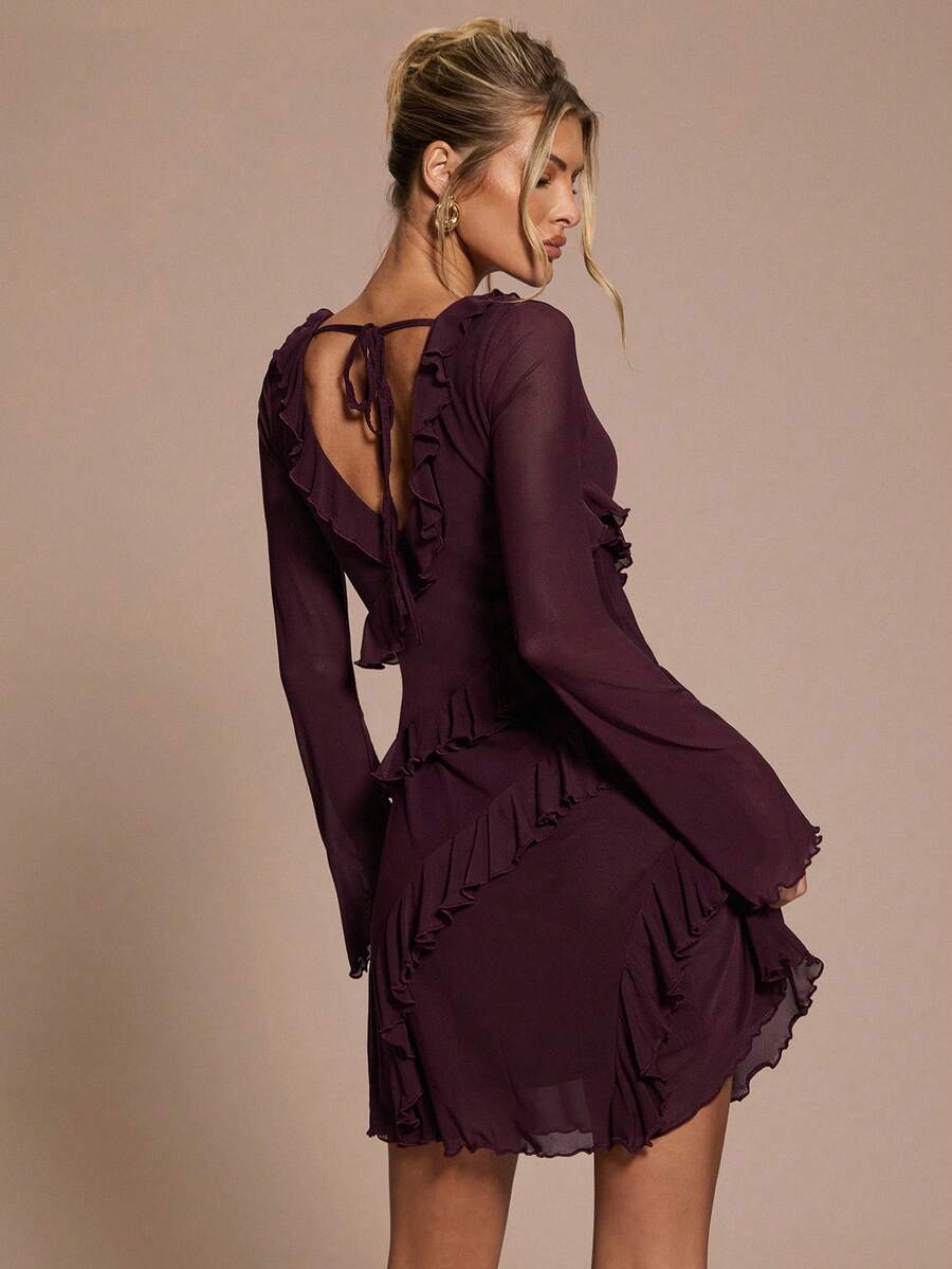 SHEIN BAE 女式纯色简约日常荷叶边长袖连衣裙 - 酒紅色 - 查看 1