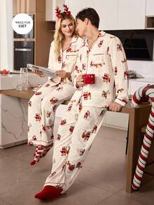 CoupledUp 圣诞睡衣套装，雪花、驯鹿和圣诞老人印花，米色长袖上衣和裤子，男士睡衣套装，冬季服装 - 杏色 - 查看 7