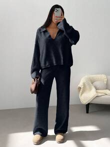 EURMUSE Woman Checkered Jacquard Polo Neck Two Pieces Sweater And Pants Co-Ords - Black - View 6