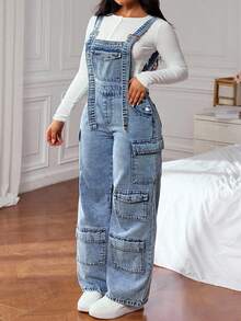 Jeanoix Plus Size Casual Washed Denim Bib Overalls - Blue - View 3