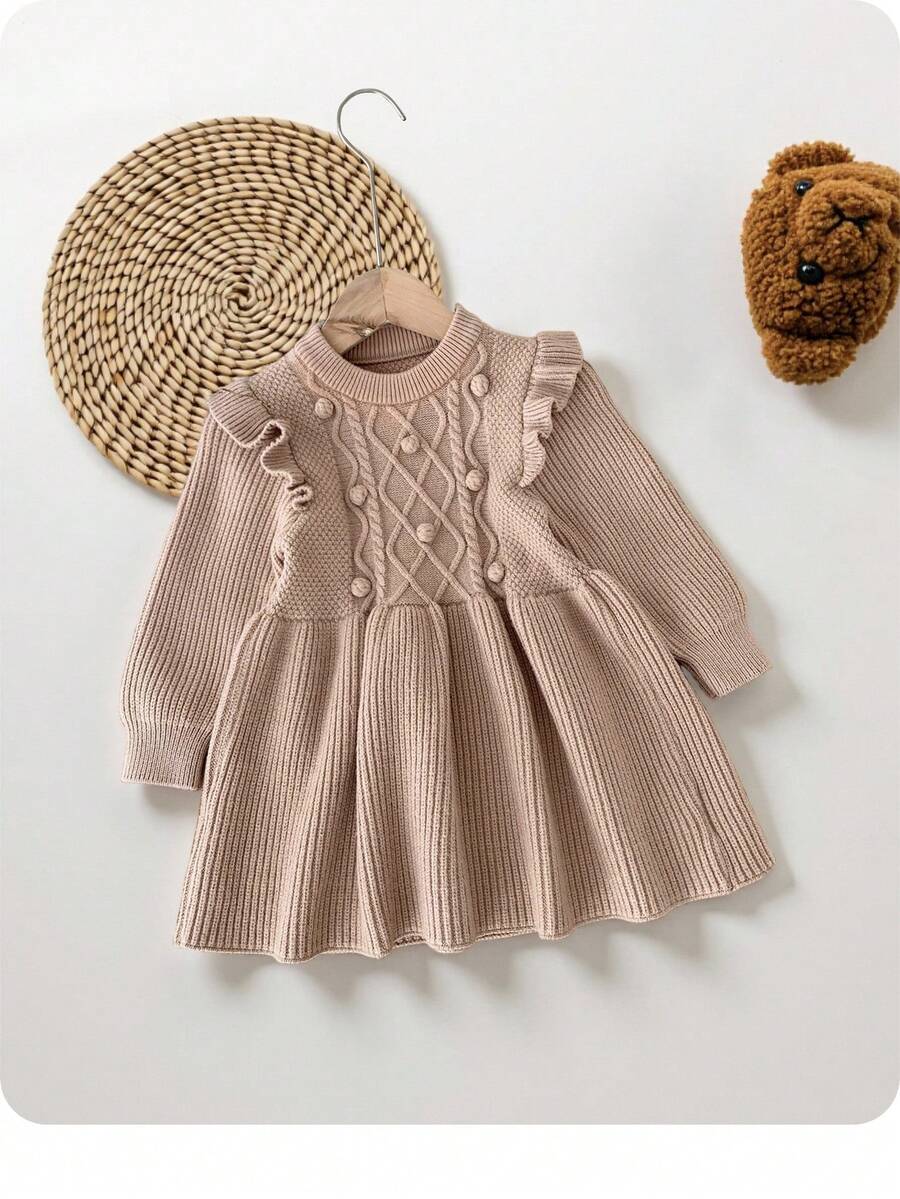 SHEIN Babygirl 可爱卡其色荷叶边长袖针织连衣裙，秋冬