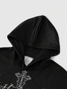 ROMWE MEN Goth 男士字母和十字印花长袖休闲连帽卫衣，秋冬 - 彩色 - 查看 3