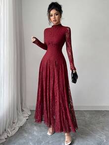 Modelyn Wine Red High Neck Waist Cinched Lace Dress For Women - Burgundy - View 4