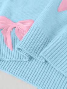 SHEIN Girls Cute Bow Decor Round Neck Sweater Matched With Casual Straight Pants, Suitable For Home, Outing, Party, Back To School Bow Clothes Girls Sweater Sets Winter Young Girls Sets Girl Knit Set Little Girls Pants Set - Blue - View 6
