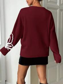 EURMUSE Women Floral Print Crew Neck Long Sleeve Simple Casual Tops, Everyday Wear - Burgundy - View 2
