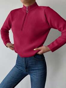 EURMUSE Women's Solid Color Half Zip Casual Pullover Long Sleeve Sweater,Jumper,Cream Jumper,Jumpers,Black Jumper,Womens Jumper,White Jumper,Women's Jumper,Women's Jumpers,Winter Clothes - Hot Pink - View 3