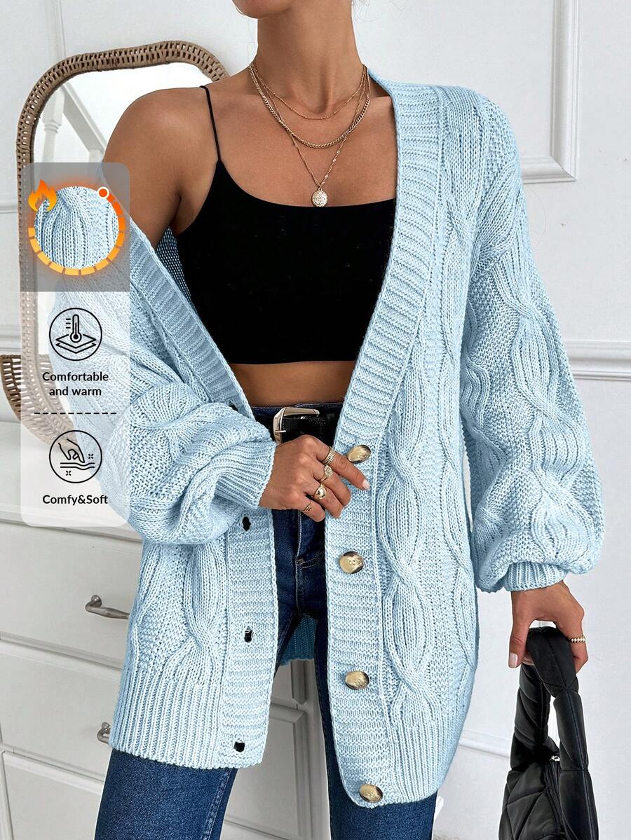 EURMUSE Women Cable Knit Detailed Oversize Cardigan - Baby Blue - View 1