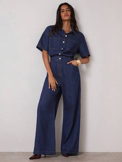 COSMINA Women's Fashion Button Decorated Short Sleeve Denim Jumpsuit,Casual Outfit For Women