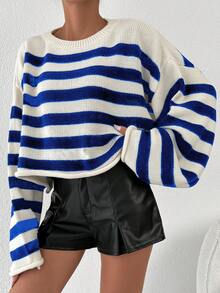 EURMUSE Mẫu sọc Thả vai Áo len - Màu xanh lam - Xem 5