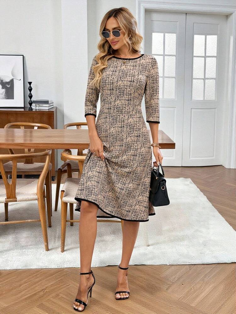 Women's Casual Mid-Length Allover Print Dress With Round Neck And 3/4 Sleeves Women's Plaid Print Round Neck Elegant Office Midi Dress One-Piece Dress Ladies Autumn Winter  One-Piece Dress Ladies Autumn Winter Winter Dress Women Brown Dress Cheetah Print Dress  Elegant Dresses For Women   Elegant Party Dresses For Women Women Dresses Autumn Winter