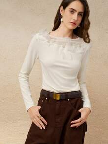 INAWLY Camiseta blanca de manga larga con decoración floral elegante para mujer, primavera/otoño - Beis - Ver 3
