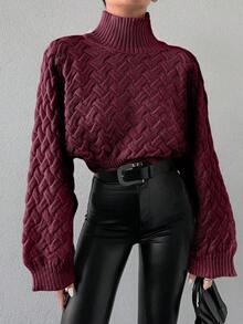 SHEIN Cottnline Women's Solid Color High Neck Cropped Batwing Sleeve Sweater - Burgundy - View 4