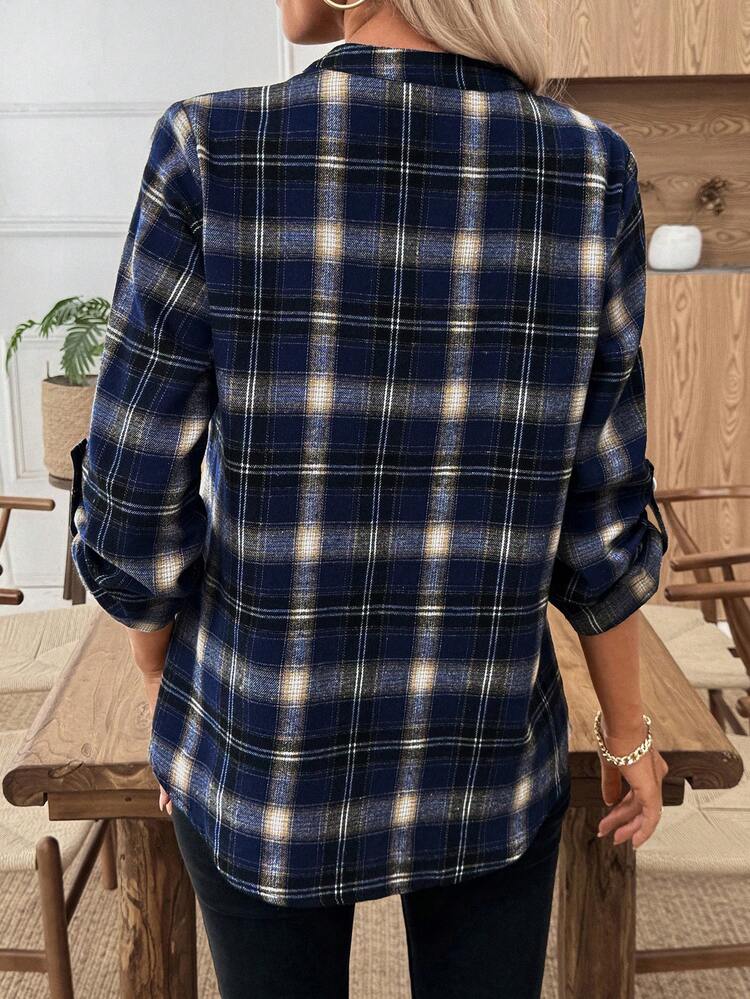 Blouse vintage à col cranté et manches 3/4 à carreaux pour femmes, chemise de travail pour l'automne