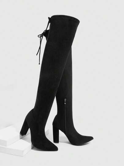 CUCCOO SZL Women's Fashion Sexy High Heel Tall Boots, Thick Heel Solid Color, Professional & Date Style, Side Zipper, Elegant Party Boots