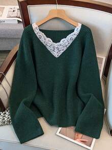 EMERY ROSE New Elegant Lace Trim V-Neck Soft & Versatile Plus Size Knit Pullover Top For Women - Dark Green - View 2