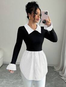 Elenzga Women's Striped Collared Long Sleeve Knit & Woven Patchwork Blouse - Multicolor - View 6