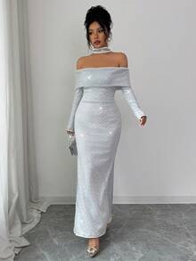 SHEIN Elenzya Đầm dự tiệc nữ trễ vai tay dài, thắt eo, đính sequin sang trọng, lãng mạn, tinh tế - Bạc - Xem 5