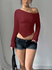 SHEIN Unity Áo len chui đầu dáng ôm cổ bất đối xứng màu trơn đơn giản, thoải mái khi đi làm hàng ngày dành cho nữ, mùa thu - Đỏ - Xem 3