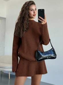 Aloruh Women's Autumn/Winter New Stand Collar Raglan Sleeve Loose Pullover Sweater & Mini A-Line Skirt 2 Pieces Set, Vintage Style For Everyday Wear - Coffee Brown - View 5