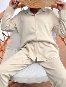 EURMUSE Solid Plisse Two-Piece Outfit - Beige - View 3