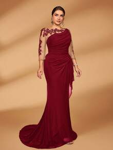 Serin Đầm dạ hội dáng đuôi cá sang trọng, thanh lịch, cỡ lớn, chất liệu ren thêu, xuyên thấu, tay dài, co giãn, lưới dệt kim, xếp ly, thích hợp cho đám cưới, tiệc tùng, kỳ nghỉ, dạ hội, váy dành cho mẹ cô dâu, ngày Valentine. - Màu Đỏ Sâu - Xem 6