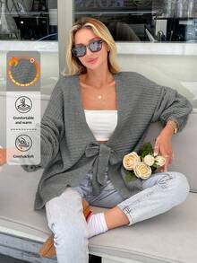EURMUSE Women Oversize Shaped Tie-Up Detailed Cardigan - Grey - View 1