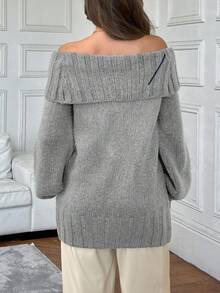 EURMUSE Elegant Off Shoulder Neck Line Rib Knit Balloon Sleeve Oversize Cozy Pullover For Winter - Grey - View 2