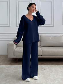 SHEIN Tall 高个女款V领宽松毛衣和针织裤套装 - 藏蓝色 - 查看 5