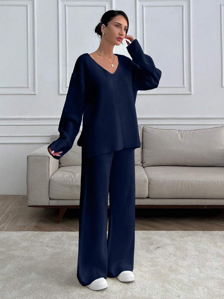 SHEIN Tall Tall Women V-Neck Oversize Sweater And Knit Pant Set - Navy Blue - View 5