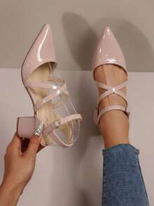 Zapato femenino recubierto nude, punta fina, tiras cruzadas ajustables, tacón grueso alto, estilo elegante, para oficina y fiesta - Rosa Pálido - Ver 1