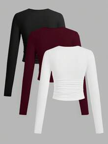 SHEIN EZwear 3件套女士休闲纯色圆领褶皱长袖T恤，秋冬 - 彩色 - 查看 2