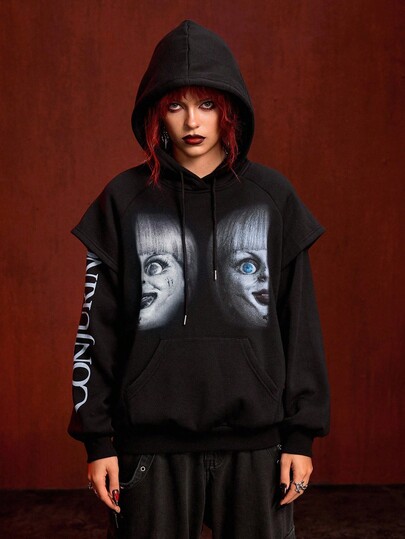 The Conjuring X ROMWE Sweat-shirt à capuche décontracté 2-en-1 pour femmes avec graphique de silhouette sombre et graphique de lettre, printemps/automne