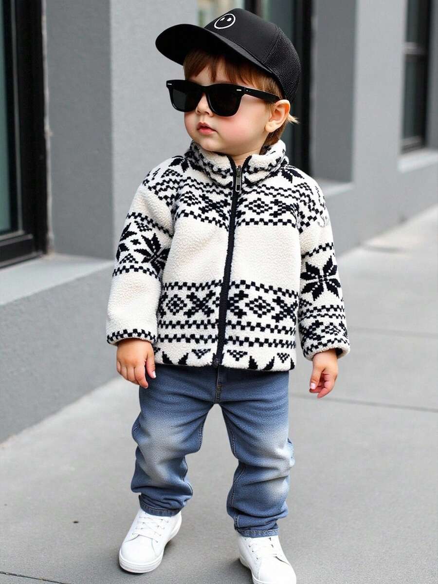 SHEIN 幼儿儿童双面保暖立领拉链长袖夹克和水洗牛仔长裤套装，时尚休闲装，适合秋冬、圣诞节、万圣节 - 彩色 - 查看 1