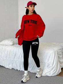 SHEIN EZwear 2 件纽约图案印花宽松圆领运动衫和紧身打底裤套装，春秋 - 彩色 - 查看 5
