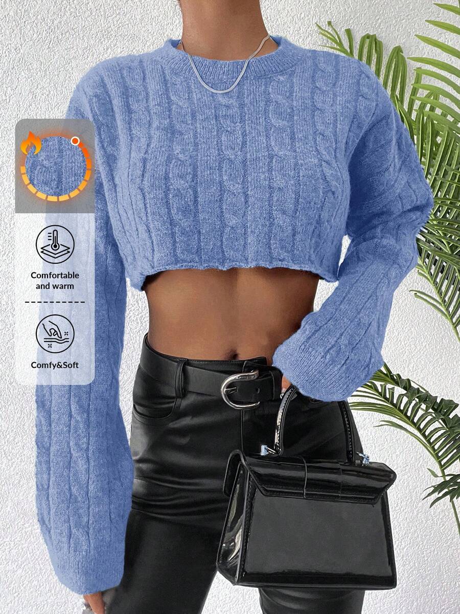 SHEIN Cottnline Cable Knit Drop Shoulder Crop Sweater - Mint Green - View 1