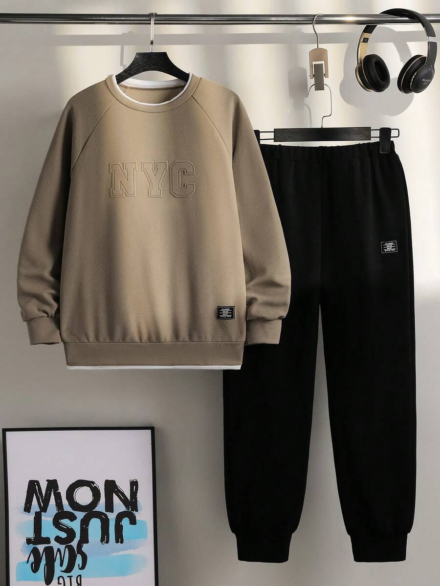 青少年男孩两件套休闲长袖套装 - 杏色 - 查看 1