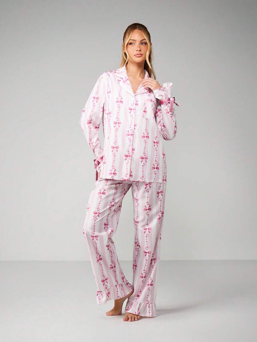 MISSGUIDED 蝴蝶结印花睡衣套装长袖纽扣上衣搭配荷叶边下摆裤子睡衣 - 粉色 - 查看 1